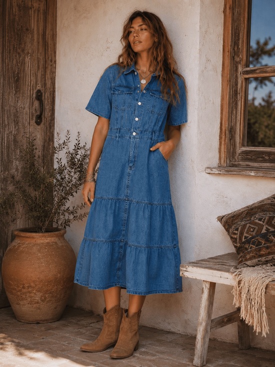 Dresses & Skirts - D052. Blue Denim Tiered Button-Front Dress